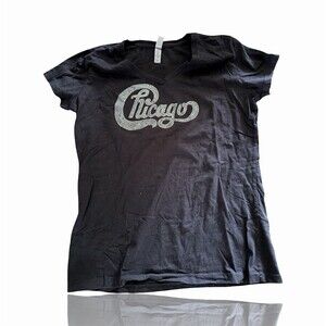 Chicago Band T-Shirt Womens 2XL Black Rhinestone Script Logo V-Neck Short